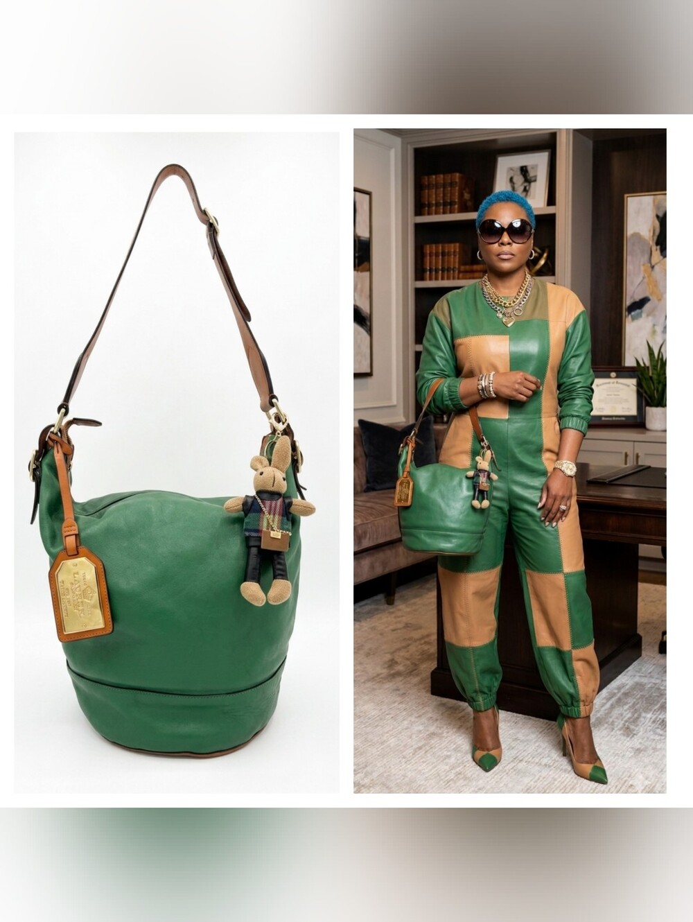Lauren Ralph Lauren Green Leather Shoulder Bag with Bunny Charm